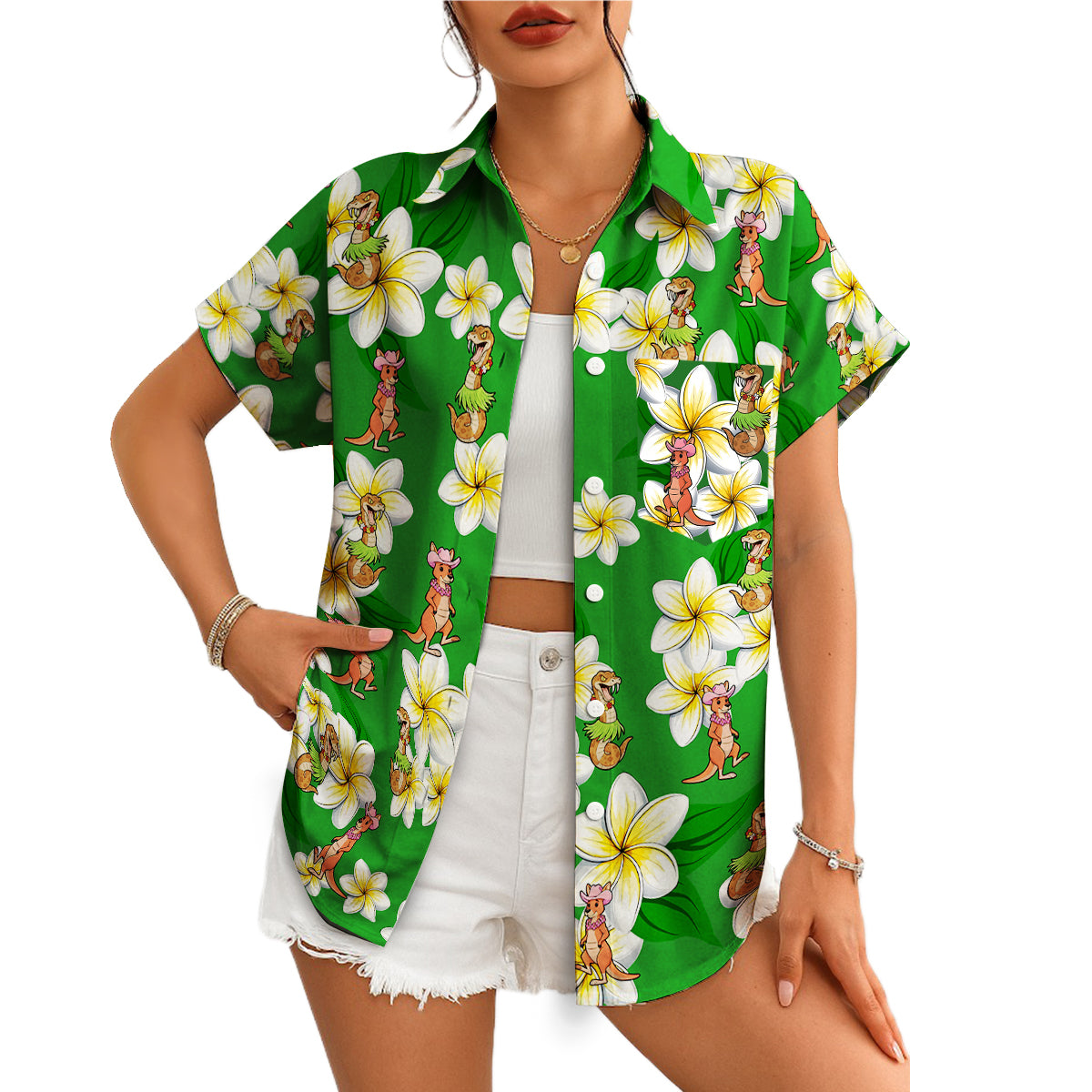 Green Hawaiian shirt with cartoon kangaroos dinosaurs plumeria variant 4