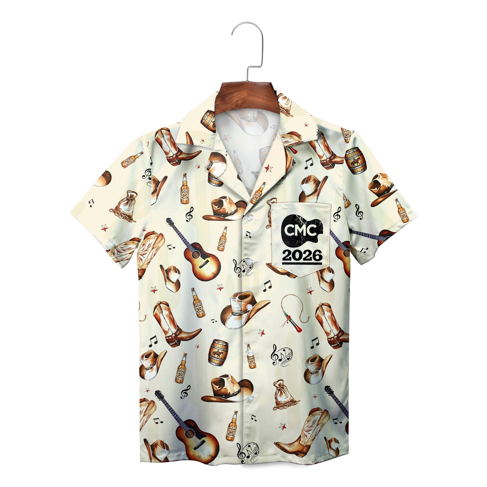 Cream Hawaiian shirt with cowboy hats boots guitars CMC 2026