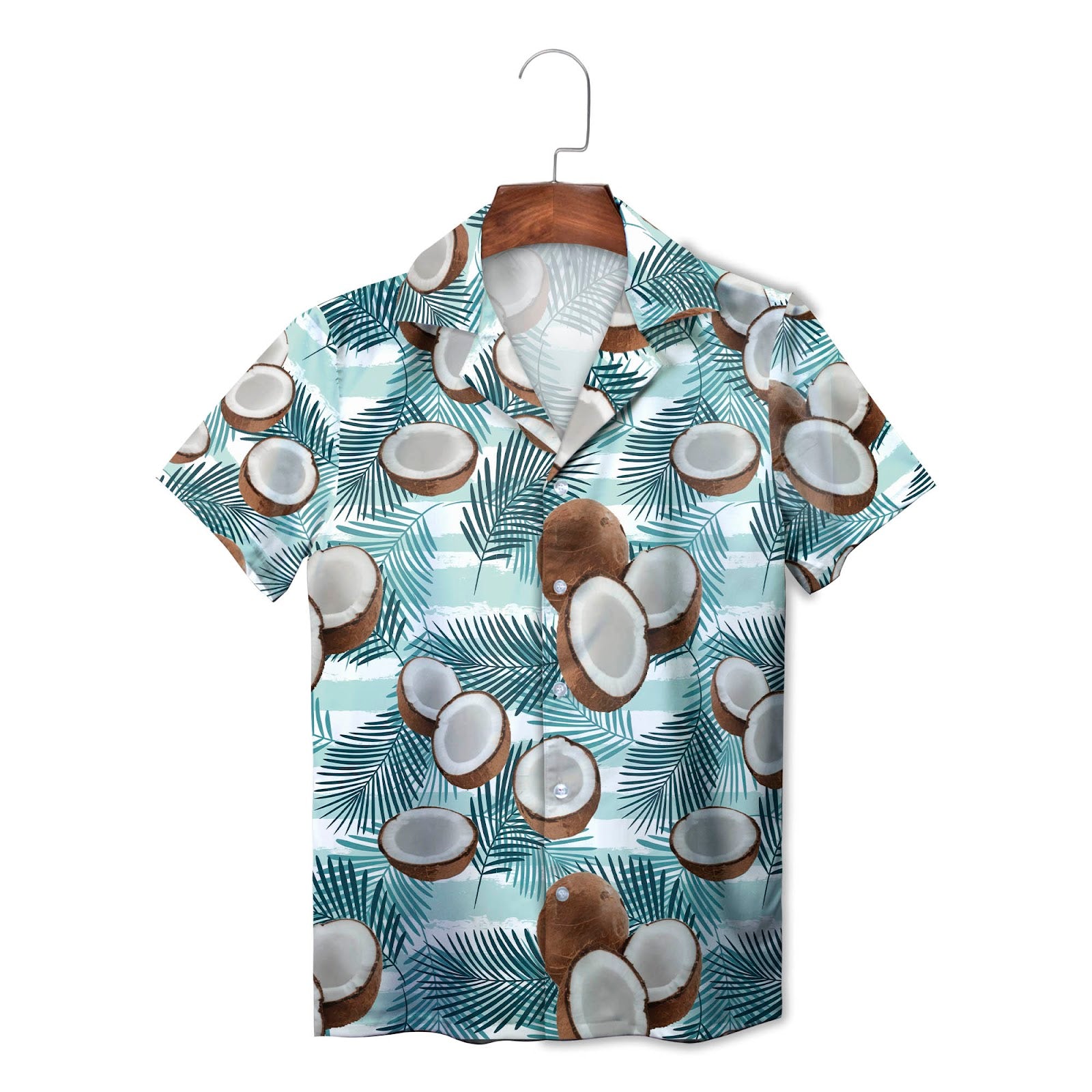 Aloha shirt showing split coconuts on teal palm fronds
