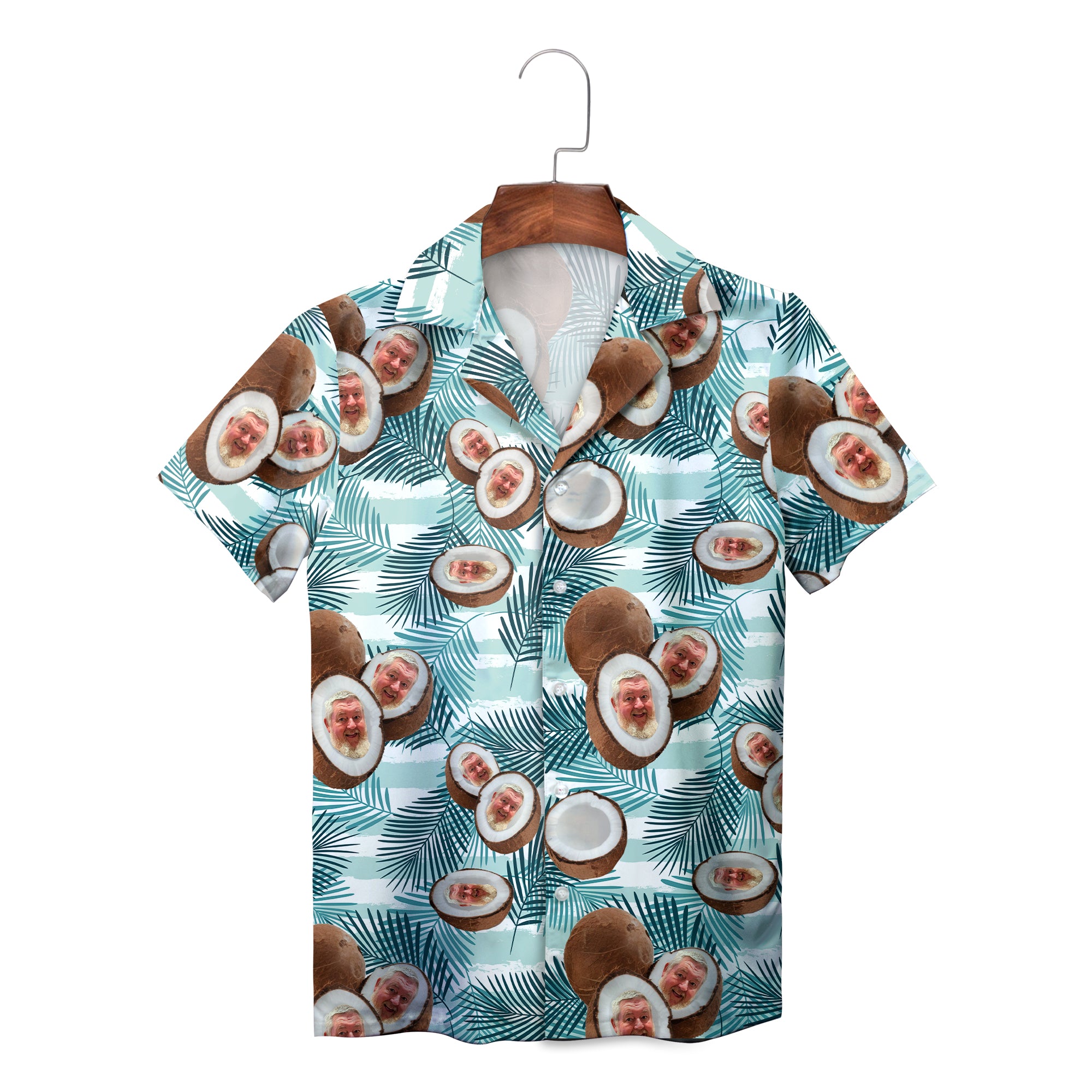 Aloha shirt showing split coconuts on teal palm fronds variant 2