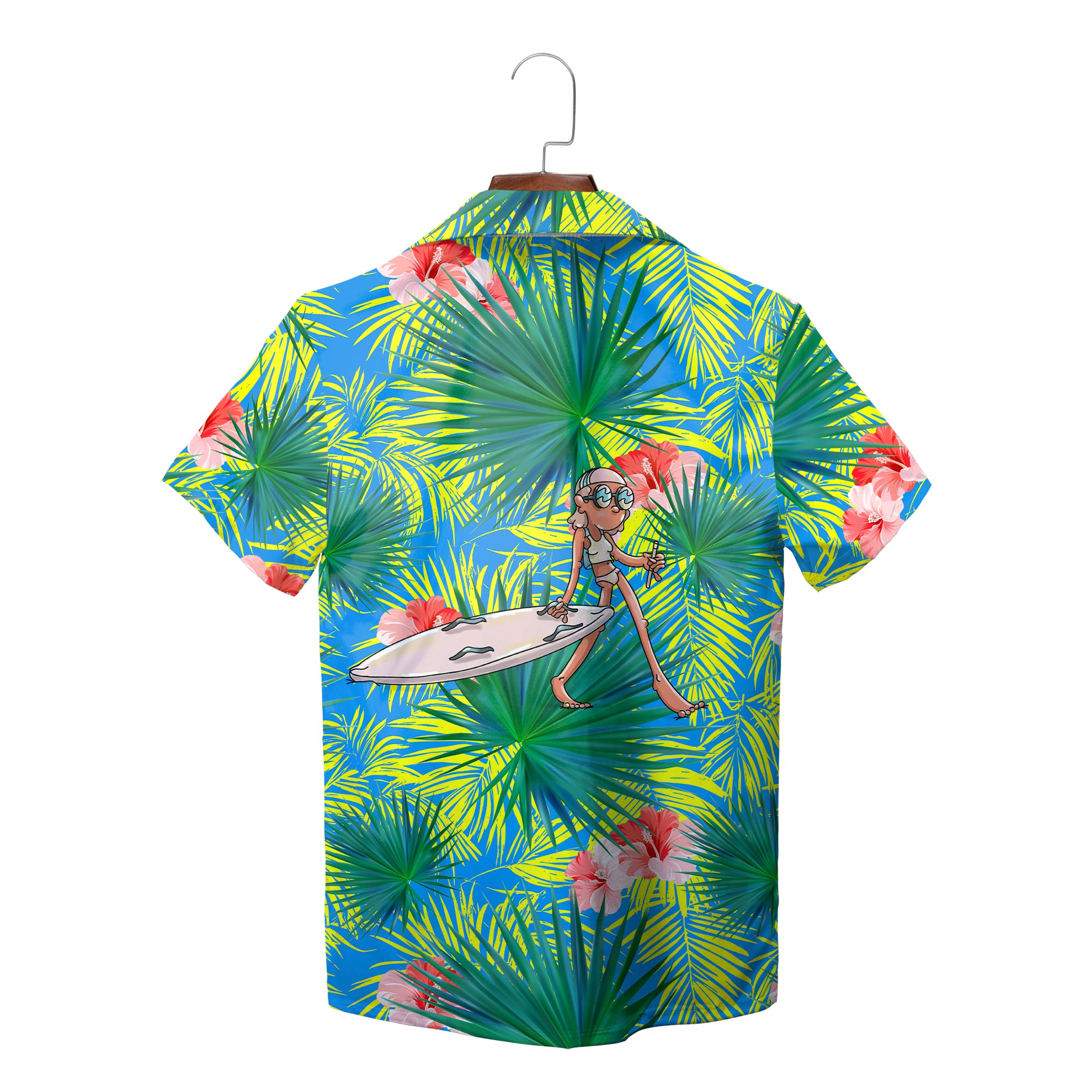 Blue green palm frond hibiscus Coffs Harbour SLSC shirt variant 3