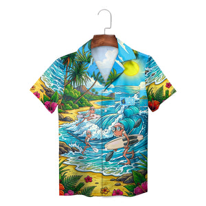 Colorful Hawaiian shirt with cartoon surfer grannies ocean waves