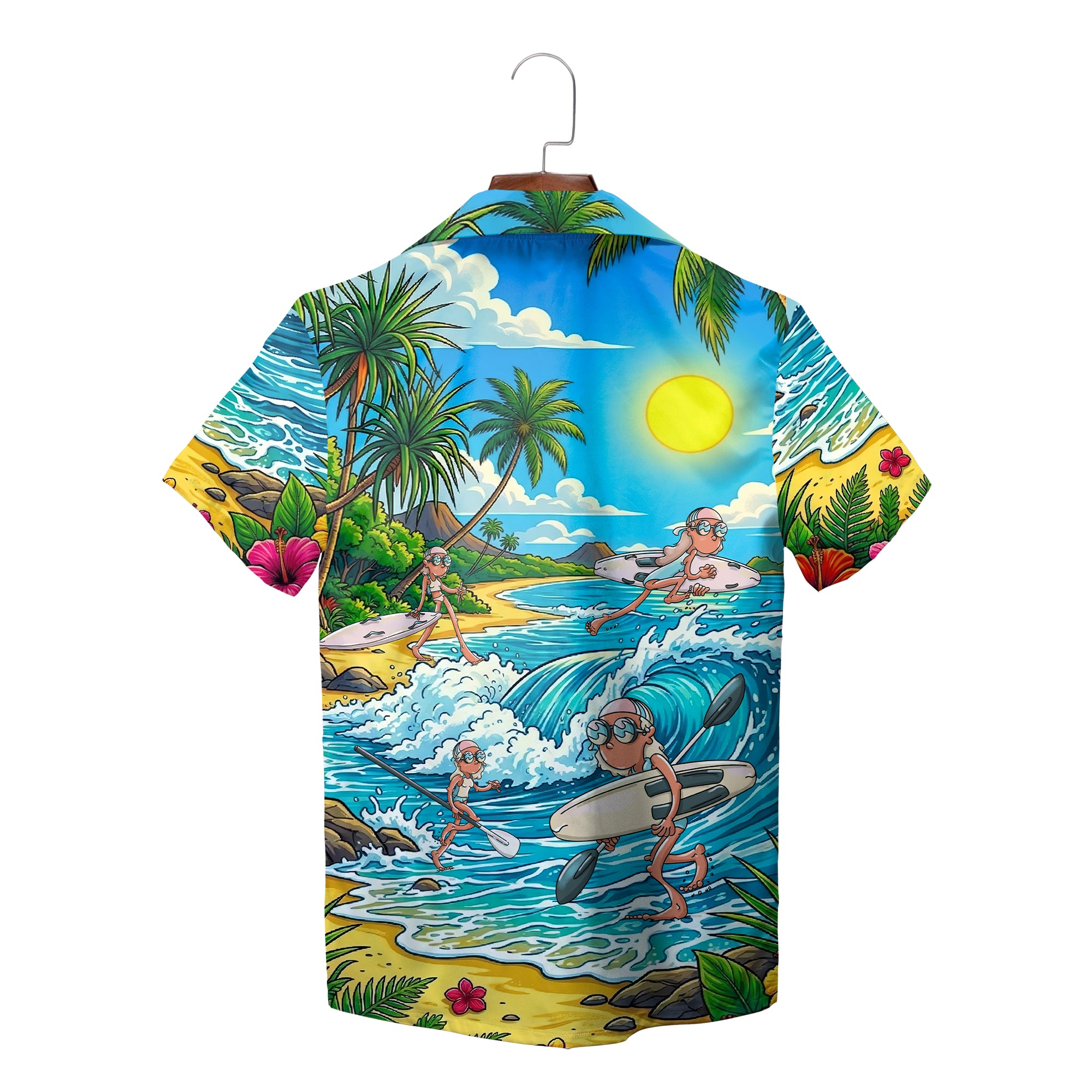 Colorful Hawaiian shirt with cartoon surfer grannies ocean waves variant 2