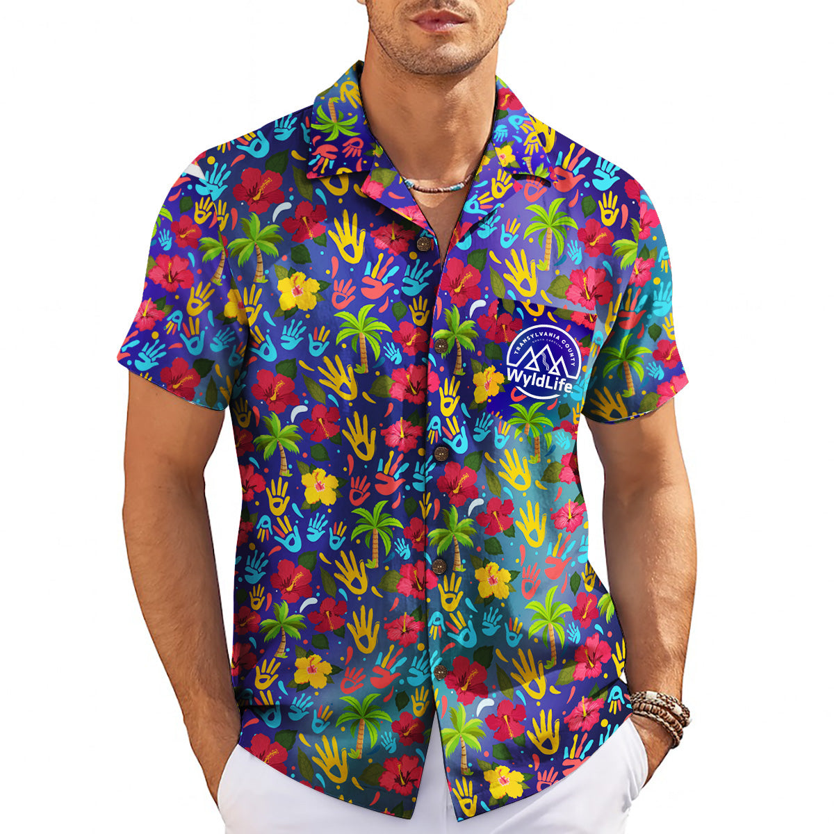Indigo Hawaiian shirt scattered red yellow blue handprints variant 10