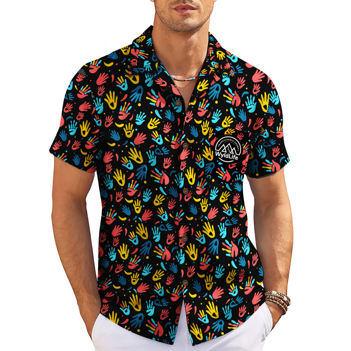 Indigo Hawaiian shirt scattered red yellow blue handprints variant 11
