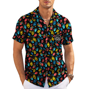 Indigo Hawaiian shirt scattered red yellow blue handprints variant 11