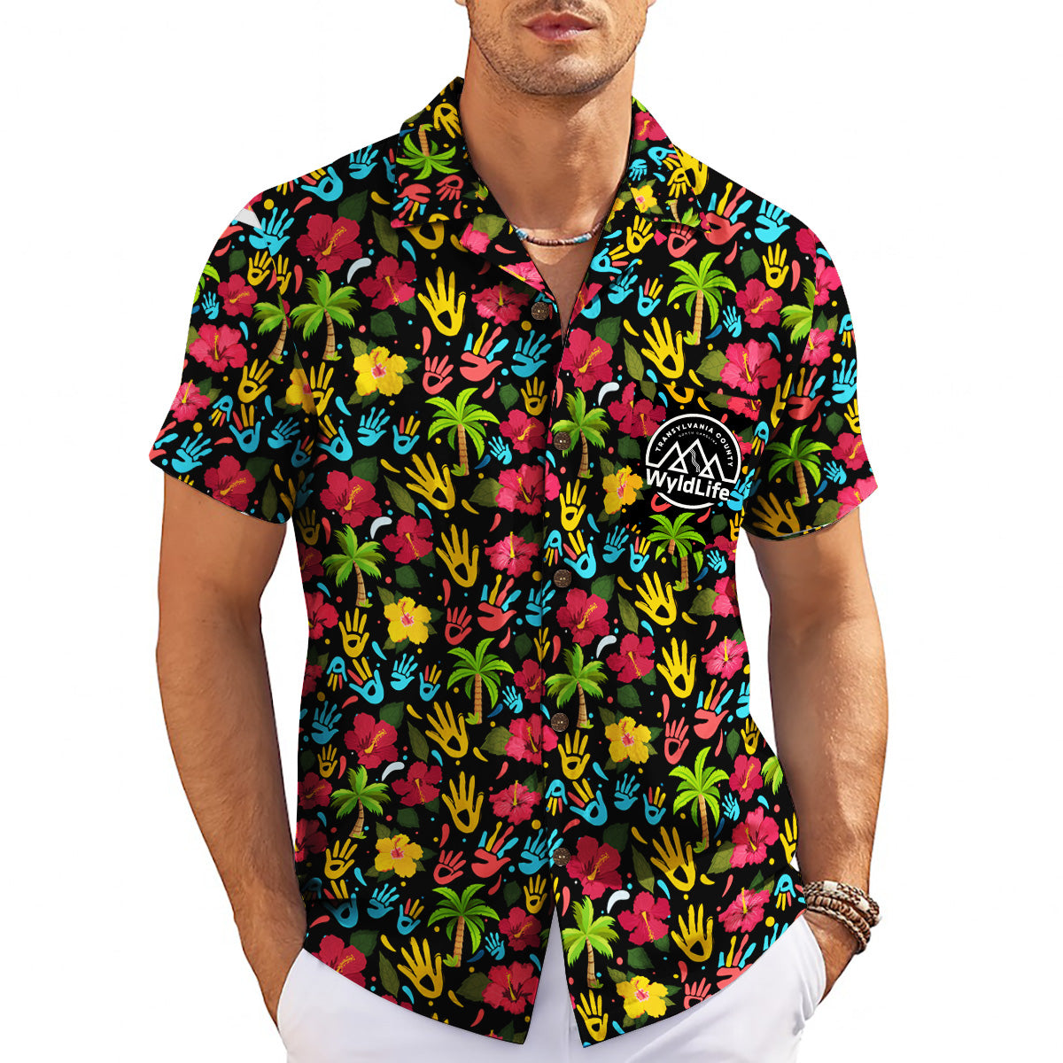 Indigo Hawaiian shirt scattered red yellow blue handprints variant 12