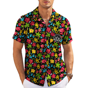 Indigo Hawaiian shirt scattered red yellow blue handprints variant 12
