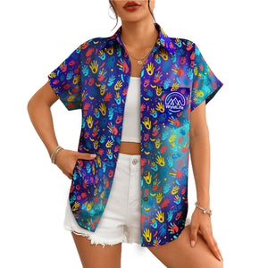 Indigo Hawaiian shirt scattered red yellow blue handprints variant 13