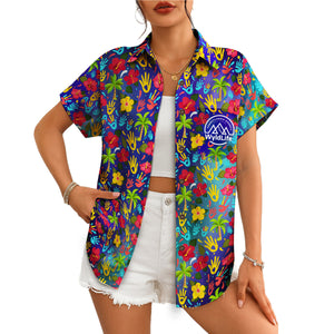 Indigo Hawaiian shirt scattered red yellow blue handprints variant 14