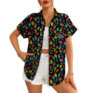Indigo Hawaiian shirt scattered red yellow blue handprints variant 15