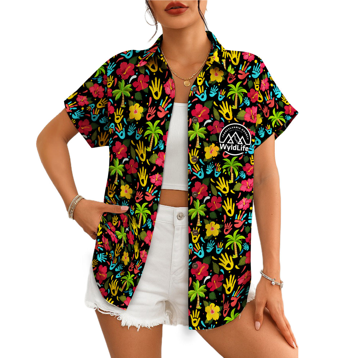 Indigo Hawaiian shirt scattered red yellow blue handprints variant 16