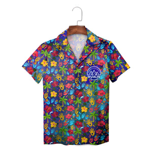 Indigo Hawaiian shirt scattered red yellow blue handprints variant 2