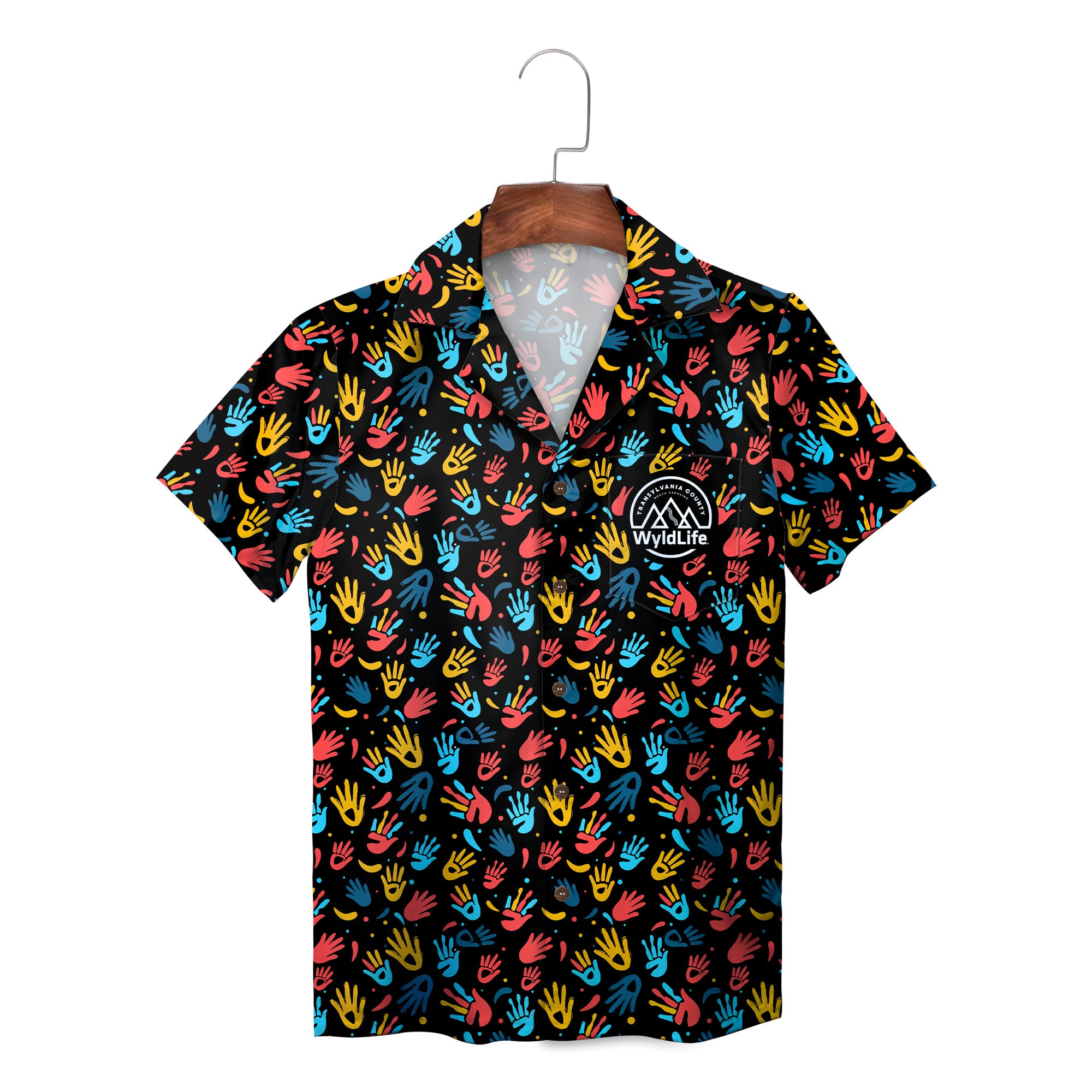 Indigo Hawaiian shirt scattered red yellow blue handprints variant 3