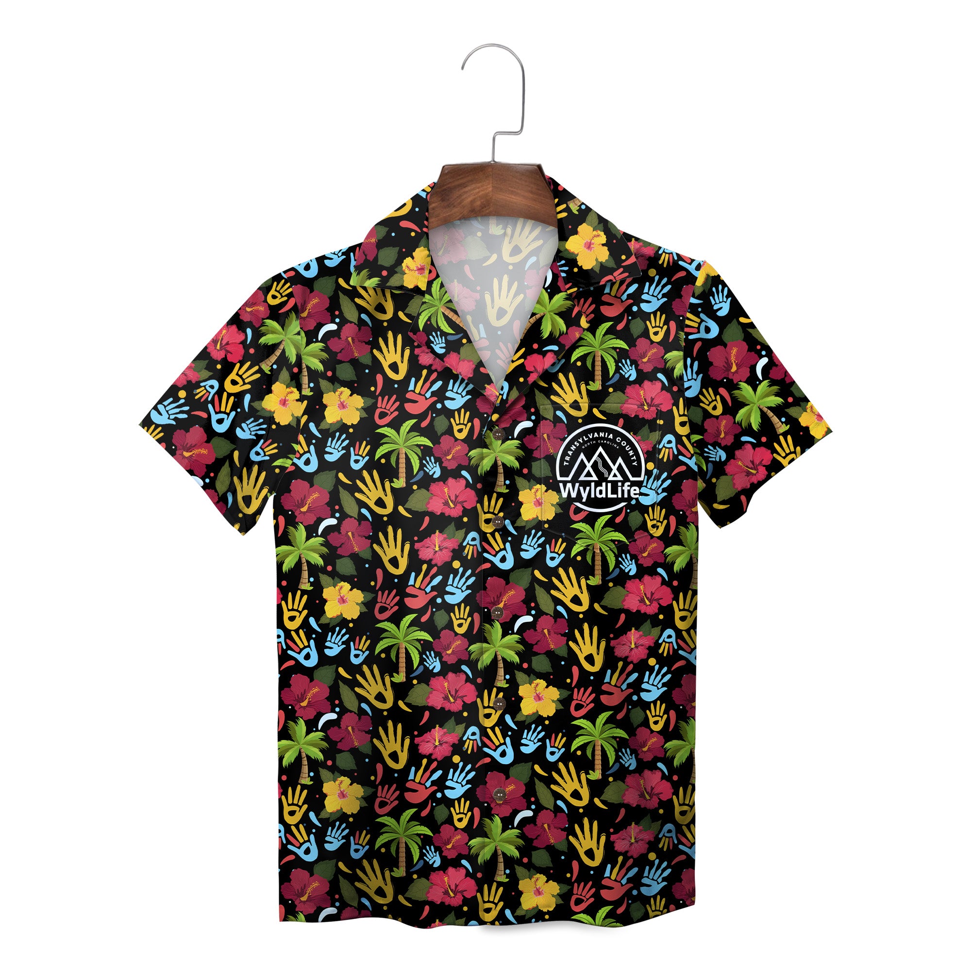 Indigo Hawaiian shirt scattered red yellow blue handprints variant 4