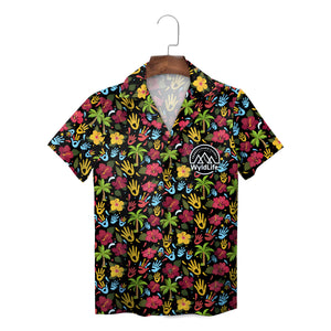 Indigo Hawaiian shirt scattered red yellow blue handprints variant 4