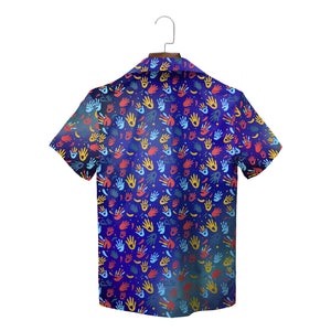 Indigo Hawaiian shirt scattered red yellow blue handprints variant 5