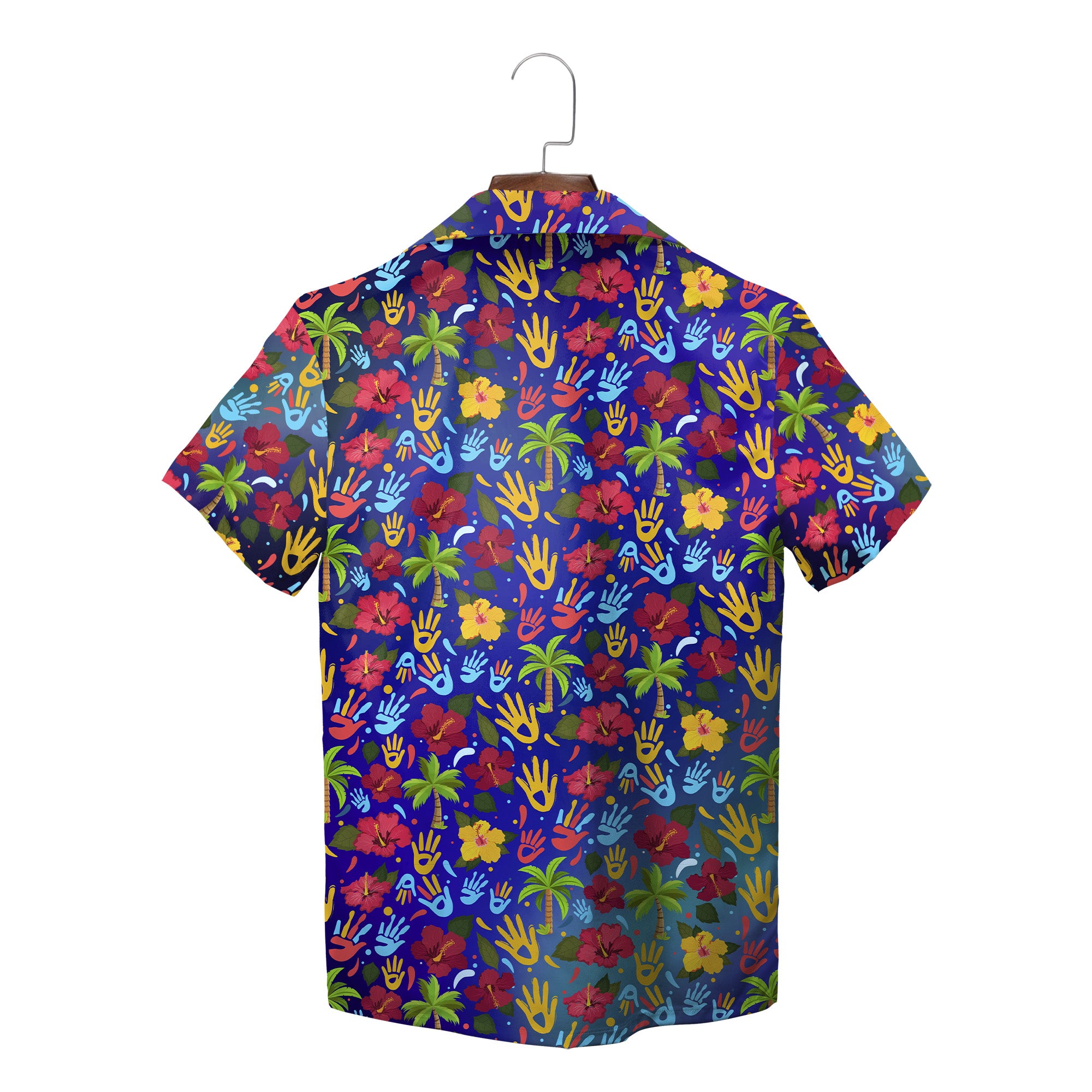 Indigo Hawaiian shirt scattered red yellow blue handprints variant 6