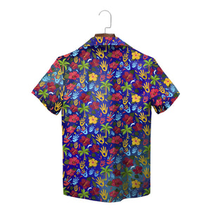 Indigo Hawaiian shirt scattered red yellow blue handprints variant 6