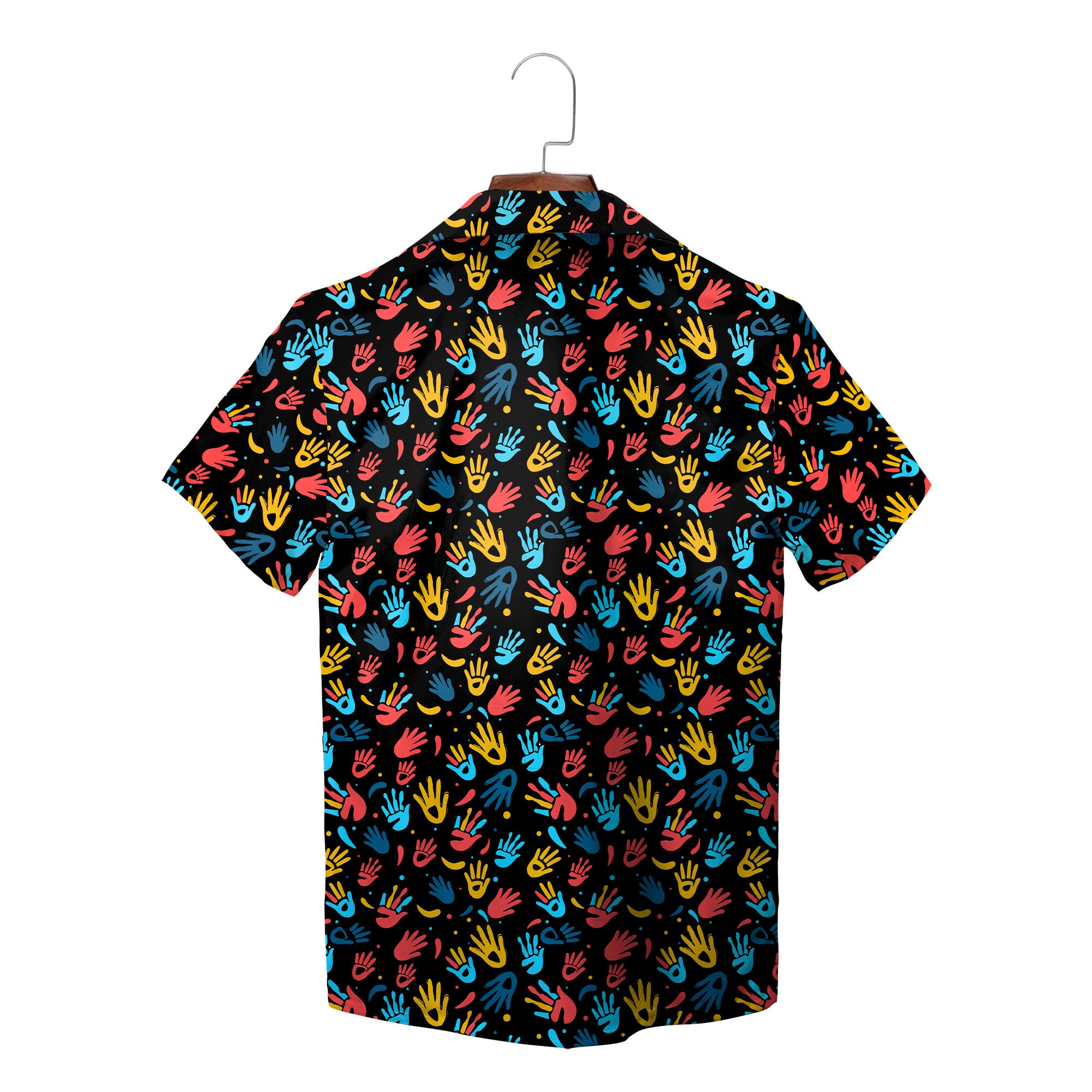 Indigo Hawaiian shirt scattered red yellow blue handprints variant 7