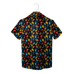 Indigo Hawaiian shirt scattered red yellow blue handprints variant 7