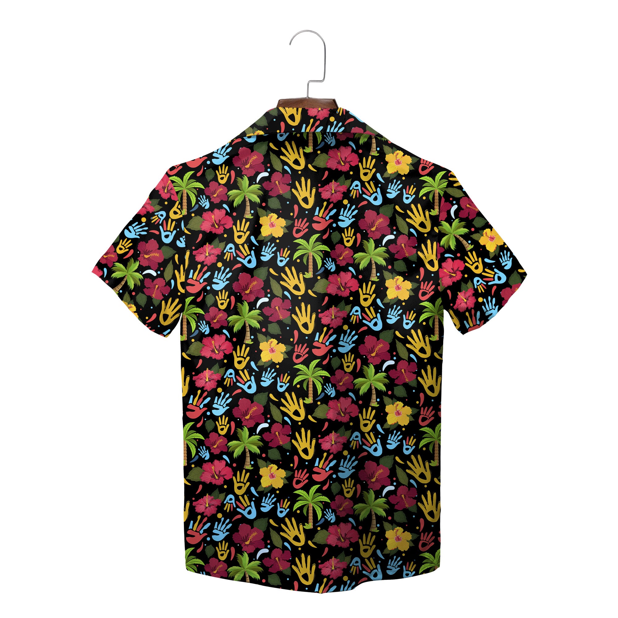 Indigo Hawaiian shirt scattered red yellow blue handprints variant 8