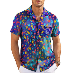Indigo Hawaiian shirt scattered red yellow blue handprints variant 9