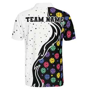 Black white split polo with colorful pickleballs custom name variant 2