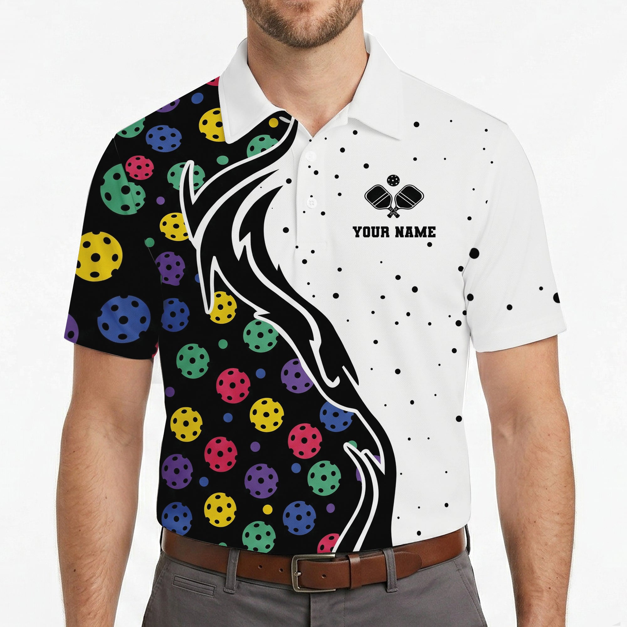 Black white split polo with colorful pickleballs custom name variant 4
