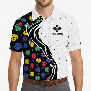 Black white split polo with colorful pickleballs custom name variant 4