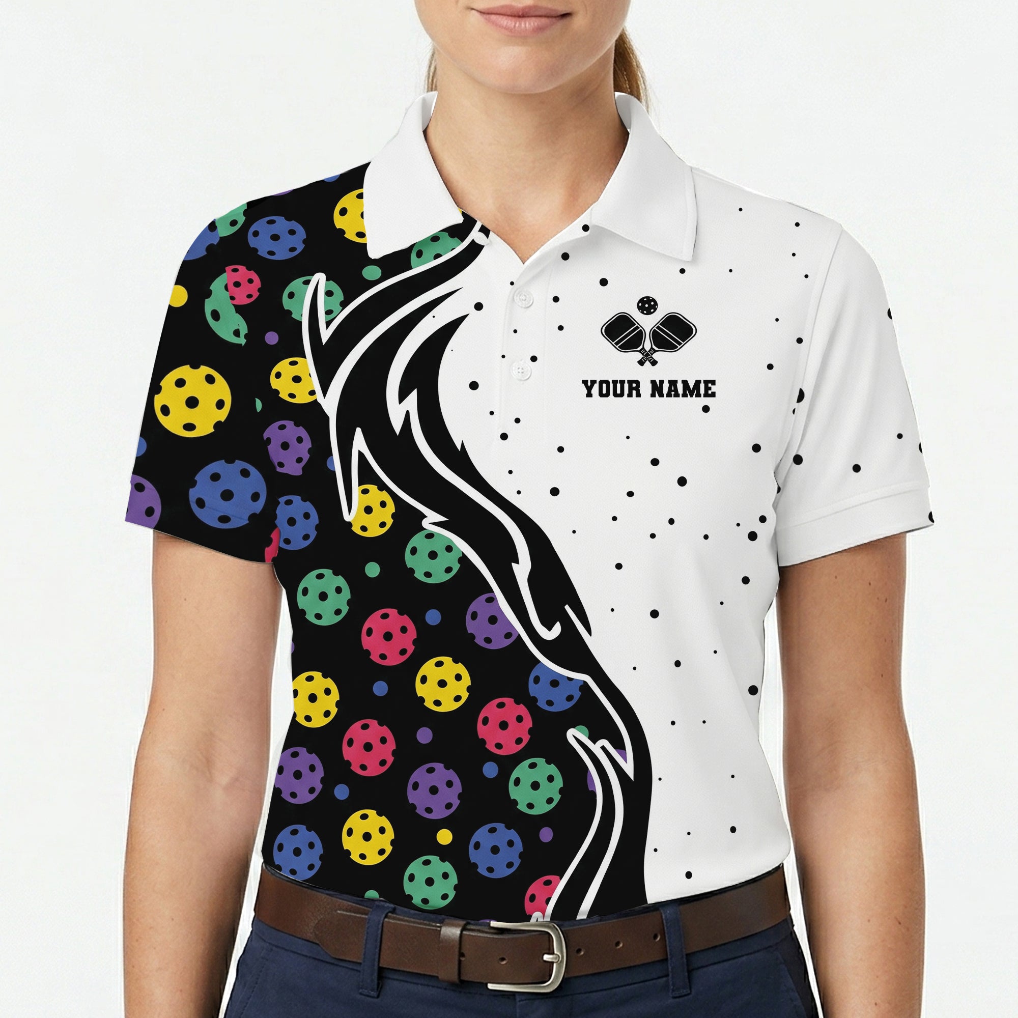 Black white split polo with colorful pickleballs custom name variant 5