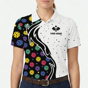 Black white split polo with colorful pickleballs custom name variant 5