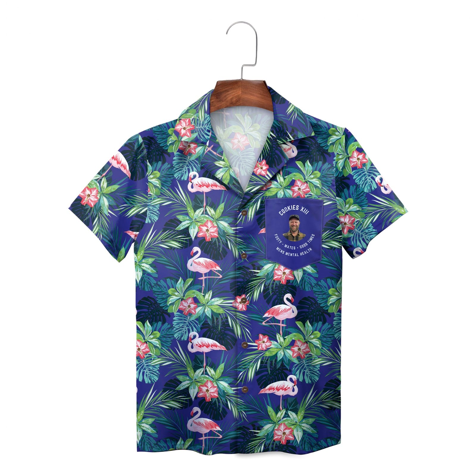 Navy Hawaiian shirt featuring flamingos hibiscus pocket badge