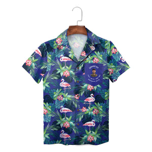 Navy Hawaiian shirt featuring flamingos hibiscus pocket badge