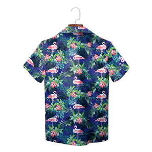 Navy Hawaiian shirt featuring flamingos hibiscus pocket badge variant 2