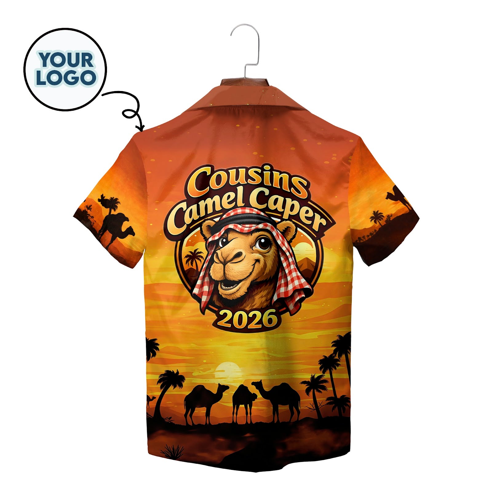 Orange sunset desert camel silhouette Hawaiian shirt on hanger variant 2