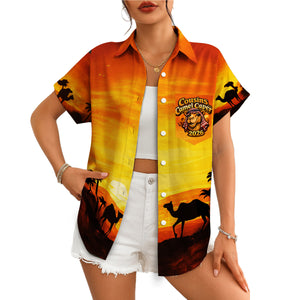 Orange sunset desert camel silhouette Hawaiian shirt on hanger variant 4