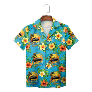 Blue camp shirt printed with liners, palms, blossoms