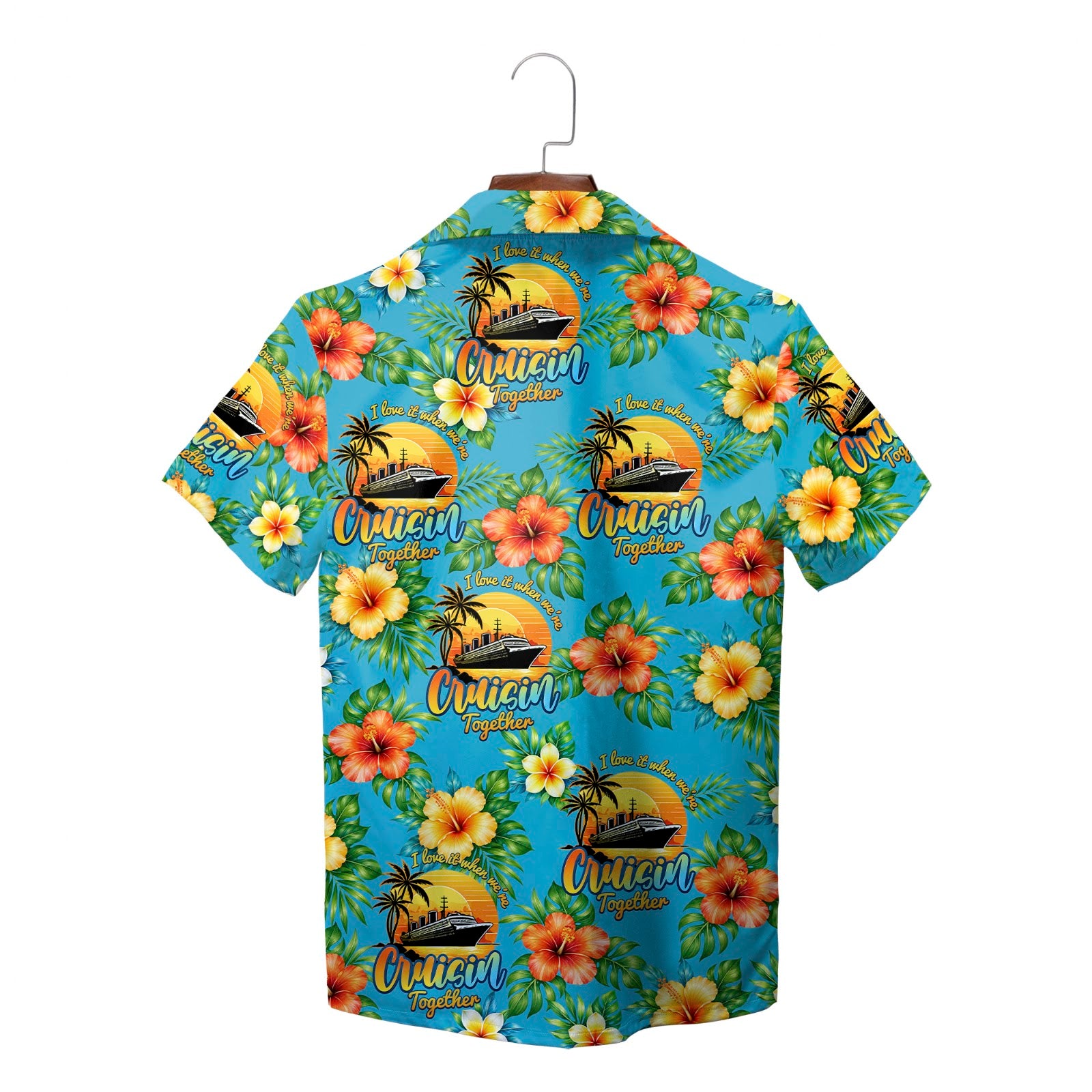 Blue camp shirt printed with liners, palms, blossoms variant 2