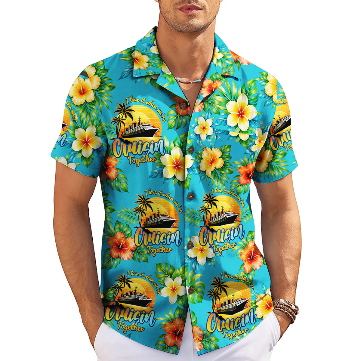 Blue camp shirt printed with liners, palms, blossoms variant 3