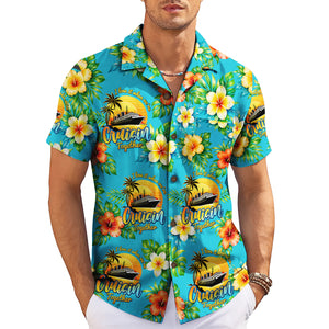 Blue camp shirt printed with liners, palms, blossoms variant 3