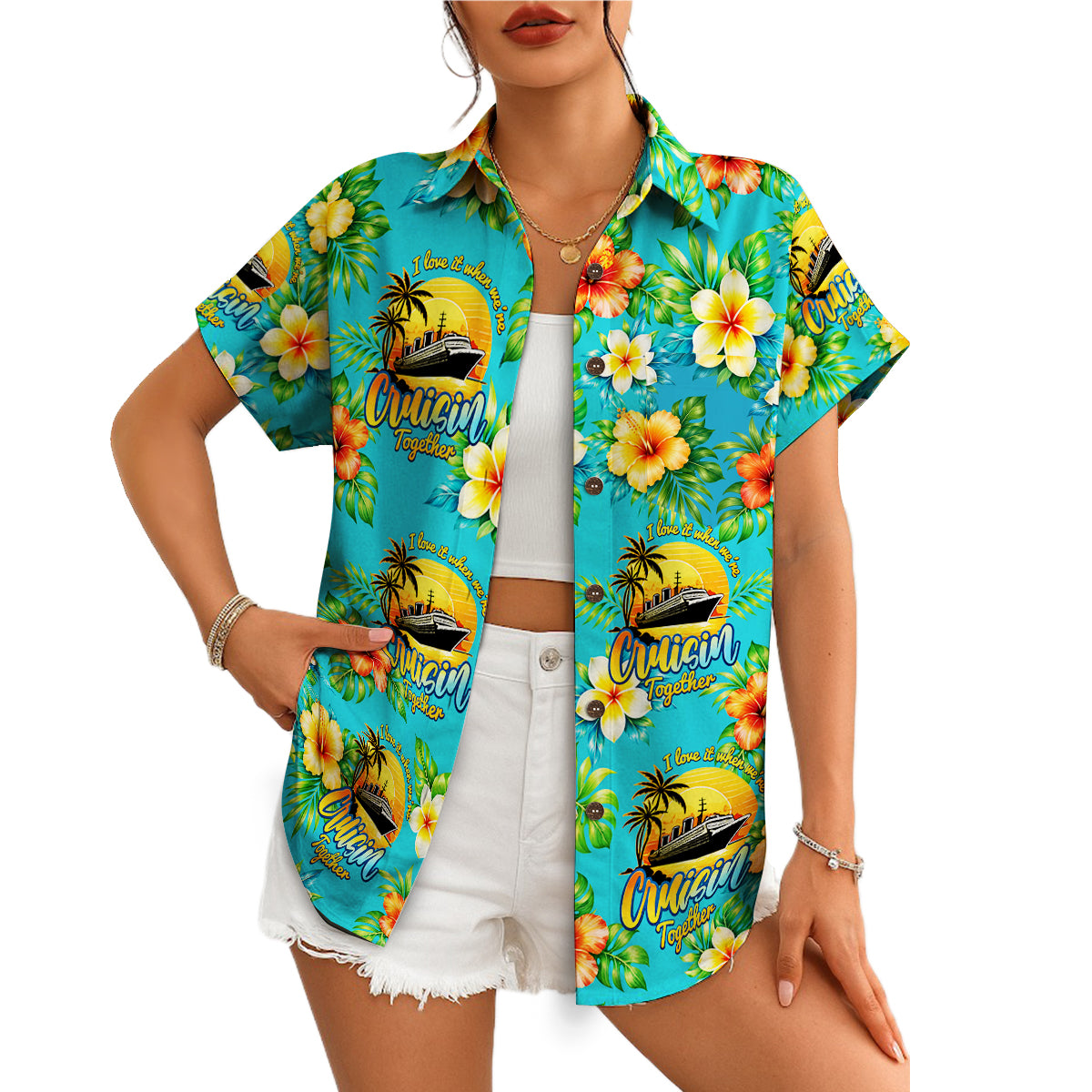 Blue camp shirt printed with liners, palms, blossoms variant 4