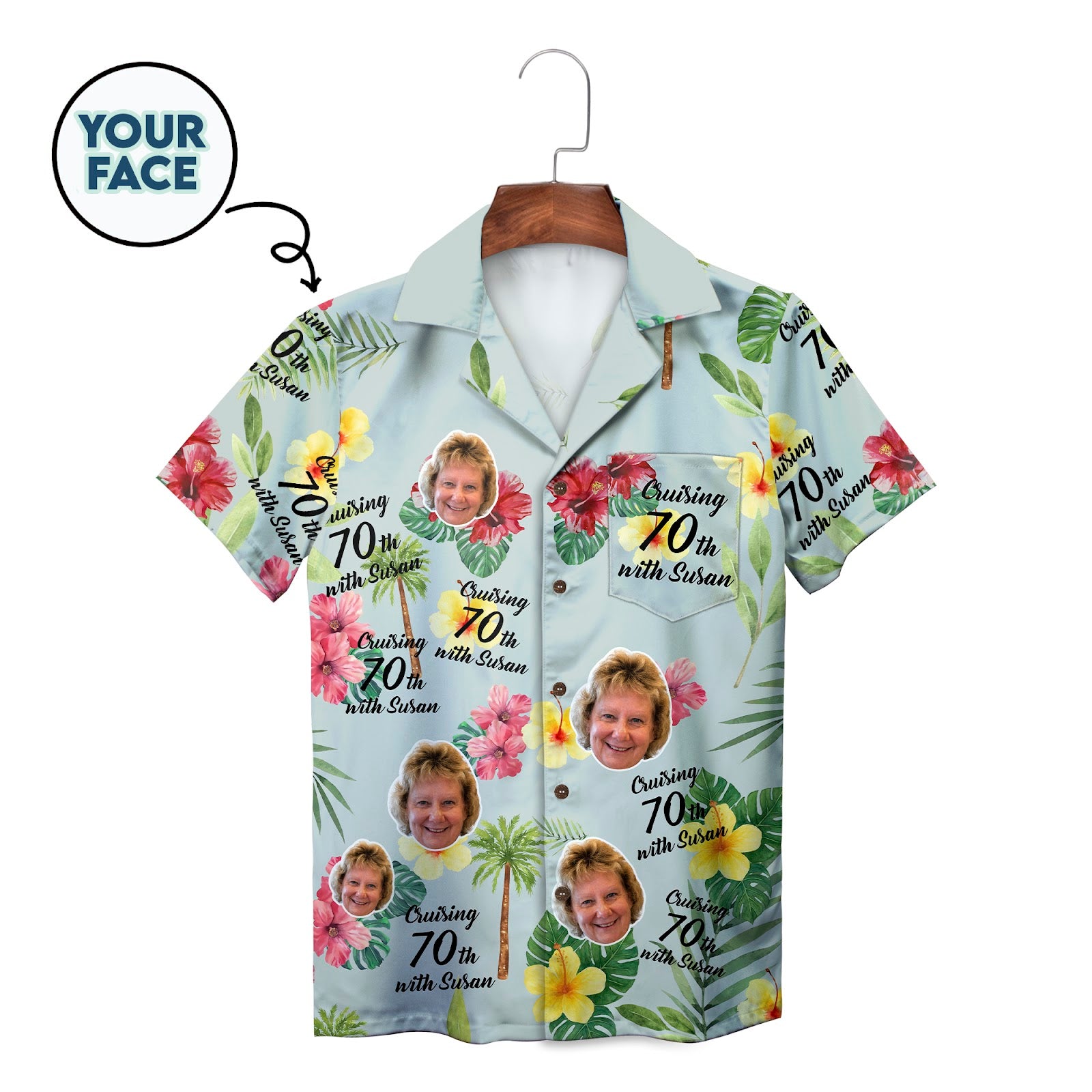 Light blue aloha shirt showing photo faces red yellow blooms palms