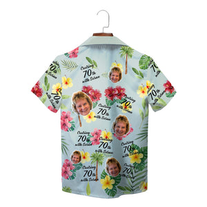 Light blue aloha shirt showing photo faces red yellow blooms palms variant 2