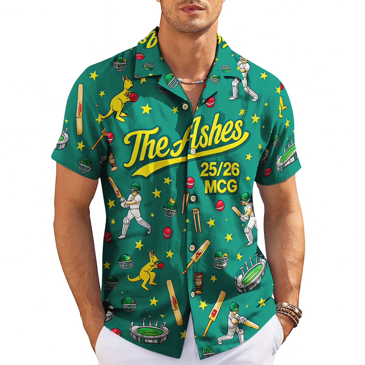 Green Ashes cricket Hawaiian shirt kangaroo batsman stars variant 3