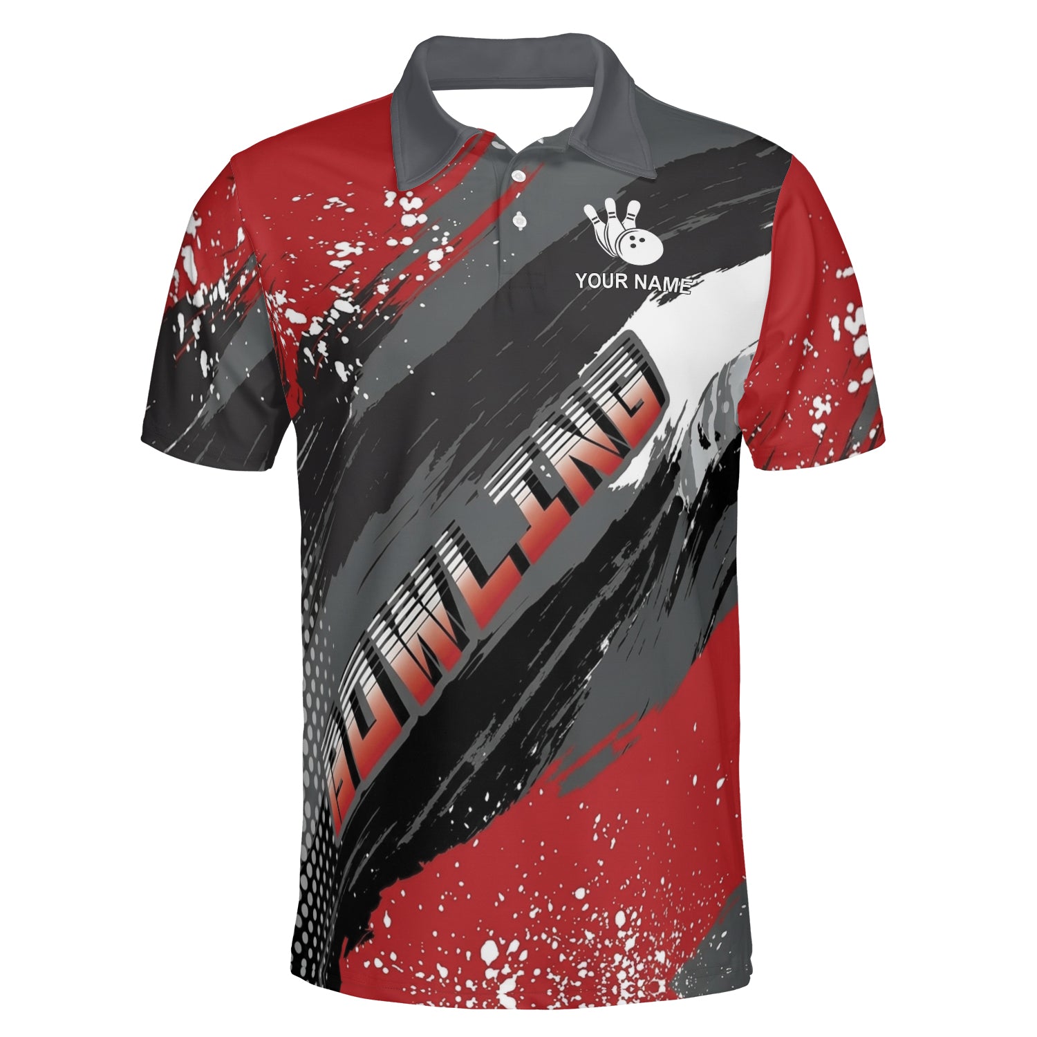 Red gray brushstroke bowling polo shirt with name customization