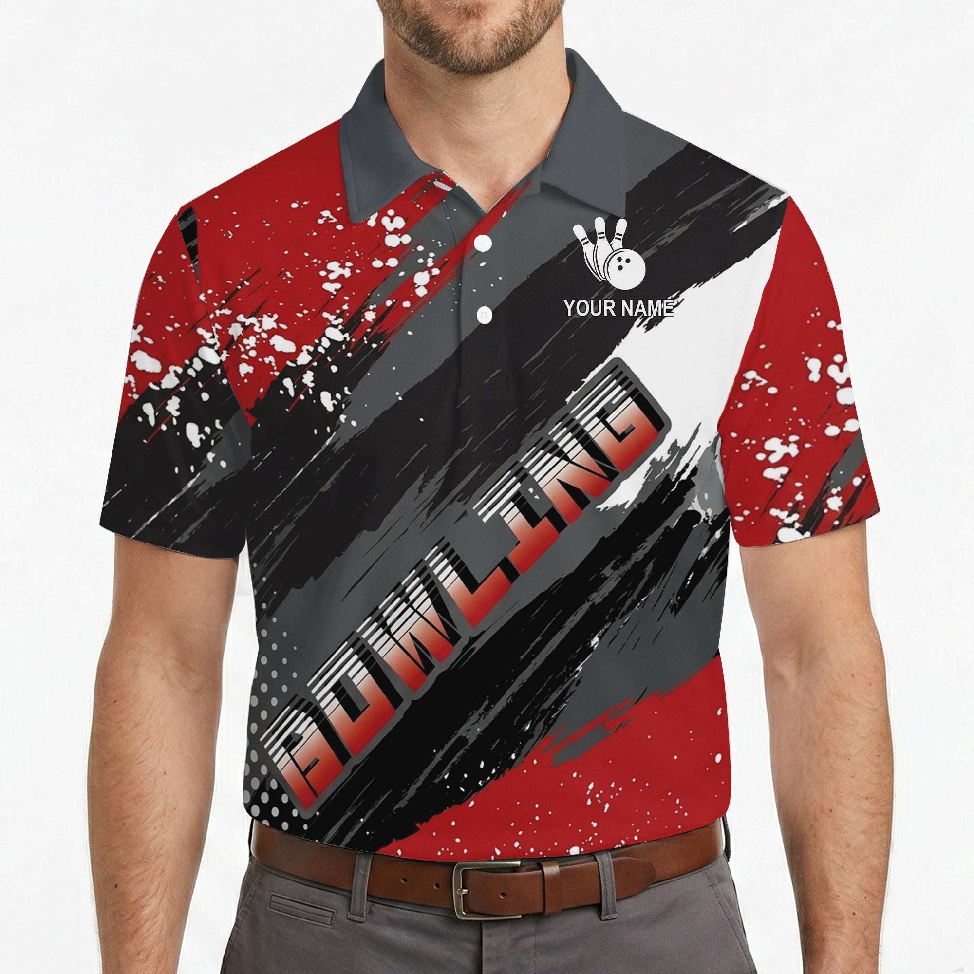 Red gray brushstroke bowling polo shirt with name customization variant 4