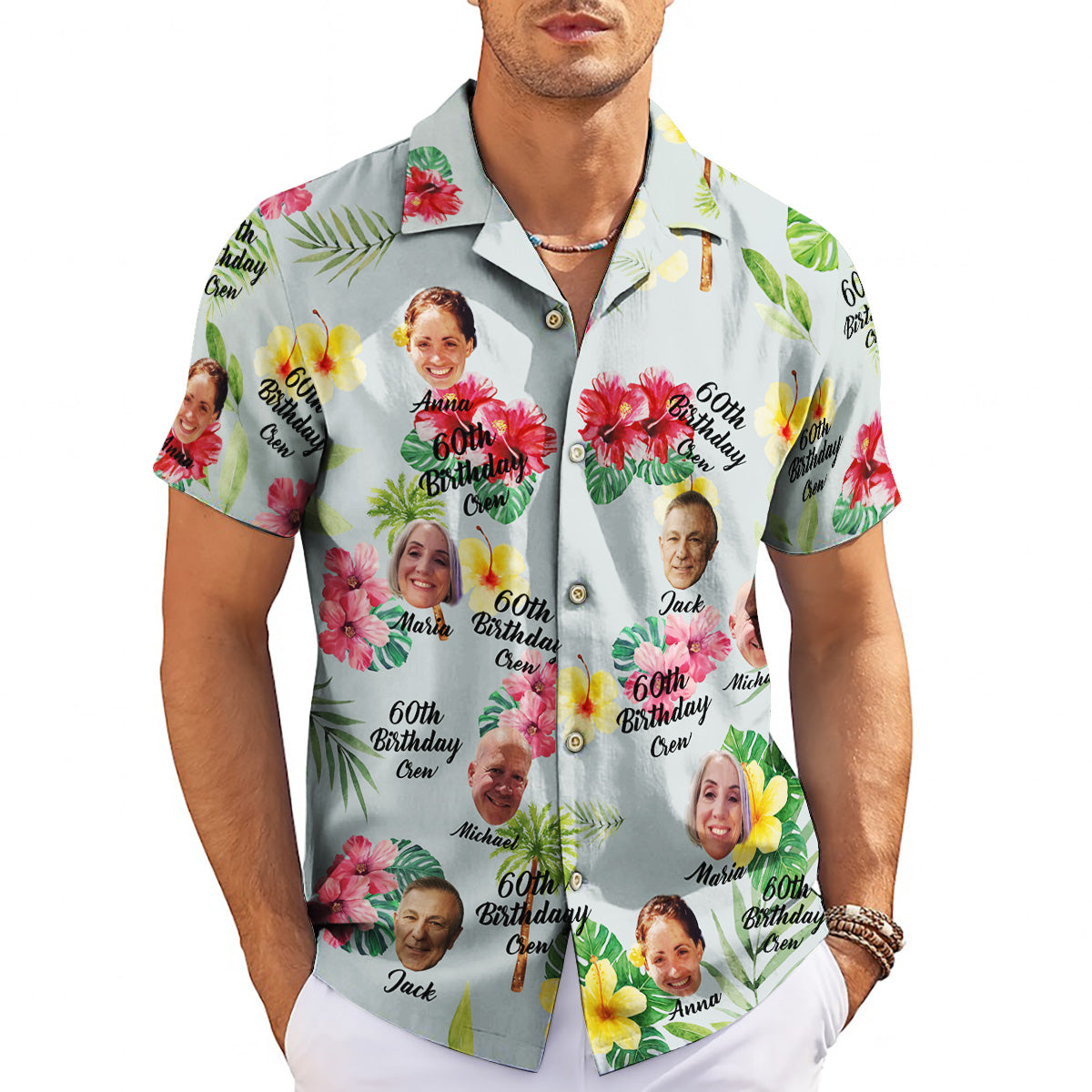 Light blue Hawaiian shirt with custom faces hibiscus flowers variant 3