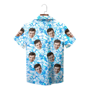Blue hibiscus palm leaf Hawaiian shirt with custom face print variant 2