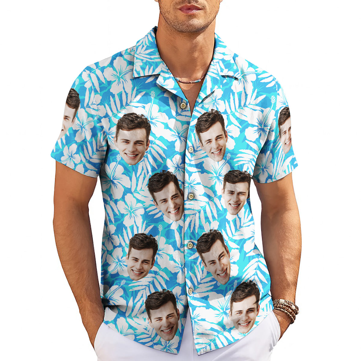 Blue hibiscus palm leaf Hawaiian shirt with custom face print variant 3